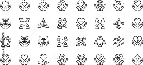 Global community care icons, charity support symbols, humanitarian teamwork, love and protection hands, social connection line icons set collection vector