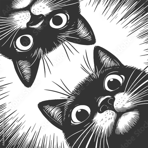 Adorable group of curious black cats with big eyes peering downward sketch engraving generative ai fictional character vector illustration. Scratch board imitation. Black and white image.