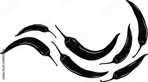 Black Silhouette of Hot Chili Peppers in a Flowing Arrangement Keywords: chili pepper, hot pepper, spice, spicy, food, ingredient