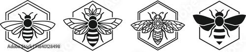 Four stylized black bee icons within hexagonal frames on a white background insect