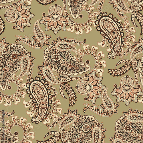 Paisley seamless vector pattern with fantastic flowers and leaves. Bohemian textile print inspired by batik. Vintage style