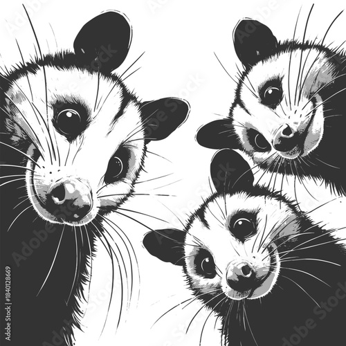 wide-eyed opossums peering downward in a circle, with expressive faces and whiskers sketch engraving generative ai vector illustration. Scratch board imitation. Black and white image.