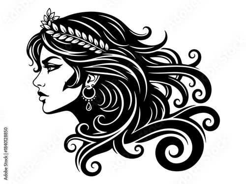 Elegant black and white illustration of a woman's profile with flowing hair and a laurel wreath.