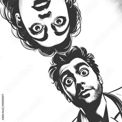 two surprised faces looking down, mimicking a dramatic comic or movie perspective sketch engraving generative ai fictional character vector illustration. Scratch board imitation. Black and white.