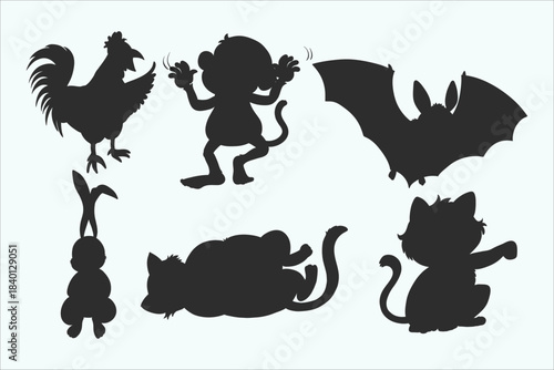 Diverse animal outlines. Black wildlife silhouettes. Domestic and wild creatures.