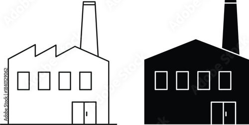 Two factory buildings one outlined in black and white and one solid black with white outlines