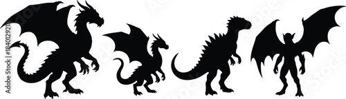 Dragon silhouette, mythical creature, fantasy beast, winged monster, black shadow, flying reptile, gothic figure, legendary animal, dark profile, eerie shape