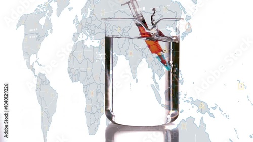 Syringe descending touching surface, entering beaker, releasing orange fluid, visualizing mixing