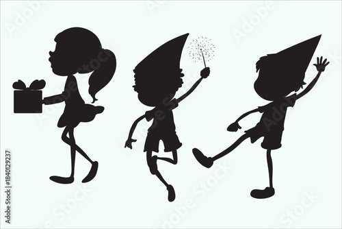 Kids party silhouettes. Children with gifts and sparklers. Festive child outlines.