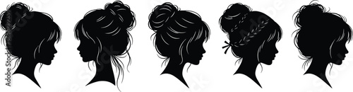 Elegant female silhouette profiles, vector illustration of women hairstyles, beauty fashion art, minimalist black design, profile faces collection