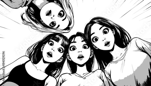 shocked women peering downward, conveying surprise, curiosity, or discovery in a dramatic comic style sketch engraving generative ai vector illustration. Scratch board. Black and white image.