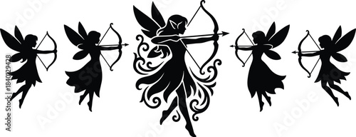 Fairy archers silhouette, fantasy illustration, magical winged figures, enchanted bow stance, mystical female warriors, symmetrical design, black white contrast