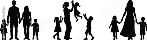 Family silhouette illustration, parents and children bonding together, loving family life concept, happy childhood moments, isolated on white background