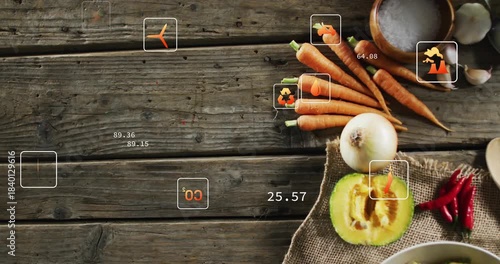 Vegetable cluster being annotated, UI icons spawning left drifting grouping showing values clearing