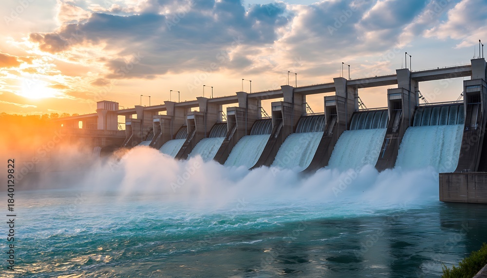 Obraz premium Massive hydro power plant dam on river at sunset with clouds in sky and water flowing forcefully creating energy and electricity for modern world sustainability and clean future
