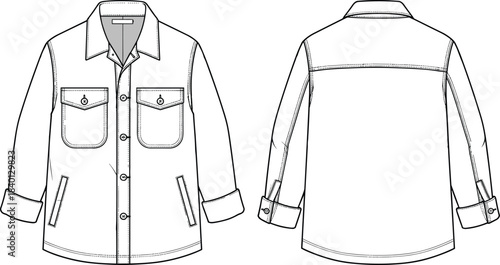 Utility jacket fashion CAD technical flat sketch, detailed front and back vector illustration for apparel design, garment construction blueprint and template