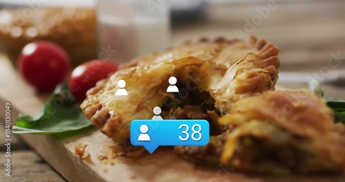 Blue bubble popping on pastry, sparking confetti, count rising and icons drifting up showing likes