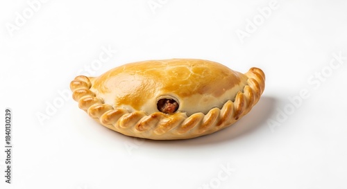Golden baked empanada savory pastry with filling on white studio isolated on white background