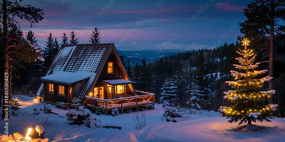 Fototapeta premium Cozy winter cabin nestled among snow covered pine trees under a twilight sky with mountain range in distance glowing string lights decorate cabin and christmas tree