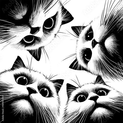 Adorable group of curious cats with big eyes peering downward sketch engraving generative ai fictional character vector illustration. Scratch board imitation. Black and white image.