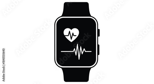 A black smartwatch displays a heart rate monitor icon on its screen a striking silhouette