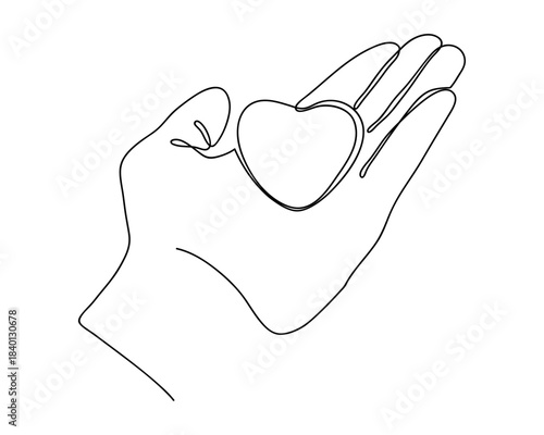 The heart is placed on the palm, in a single, continuous line. minimalist style isolate outline Editable stroke.