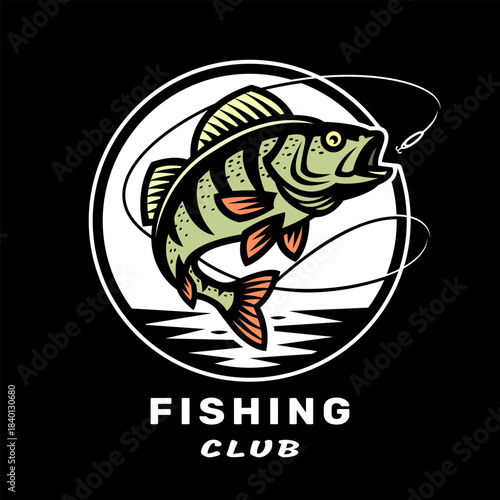 Fishing club logo with an image of a perch on dark background.