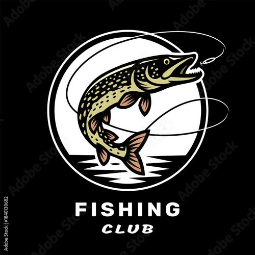 Fishing club logo with an image of a pike on dark background.