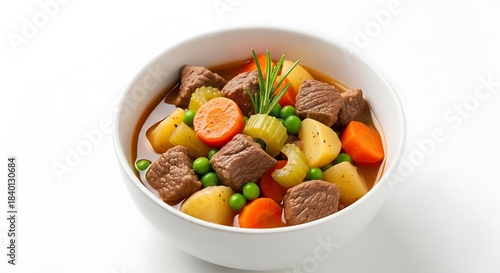 Hearty traditional beef stew with potatoes, carrots, and rosemary. isolated on white background