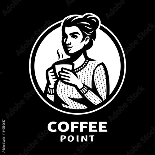 Coffee shop. Logo of a girl holding a cup of coffee on dark background