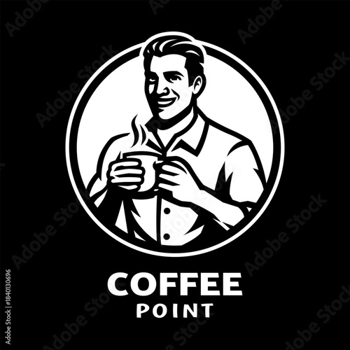 Coffee shop. Logo of a man holding a cup of coffee on dark background