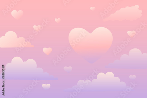 pastel gradient sky with floating heart shapes among soft dreamy clouds