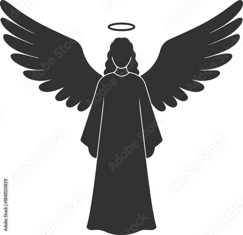 Elegant black silhouette of a standing angelic figure with wings spread wide