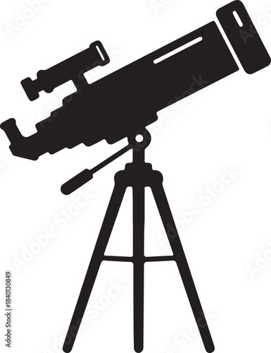 Simple bold black silhouette icon of a telescope on a tripod for astronomy and science