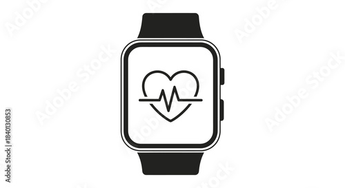 A sleek black smartwatch displays a heart rate monitor icon on its screen silhouette