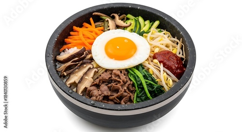 Authentic korean bibimbap bowl with egg, beef, vegetables, rice isolated on white background