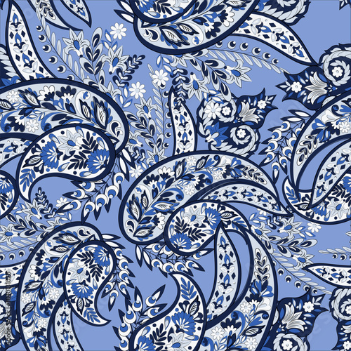 Hand drawn floral paisley seamless vector pattern. Batik style fabric