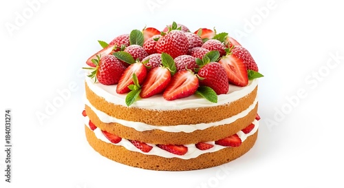 Fresh naked strawberry cake with berries, cream, and mint garnish isolated on white background