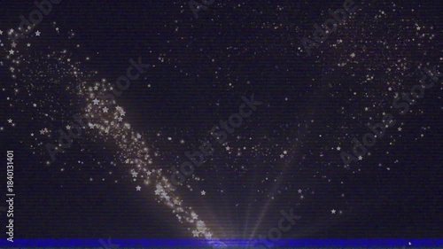 Bright comet-like spark appearing top-right, arcing leftward, forming sweeping star cluster, fading