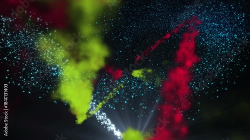 Blue emitter starting red lime smoke converging, emitting turquoise particles, forming star field