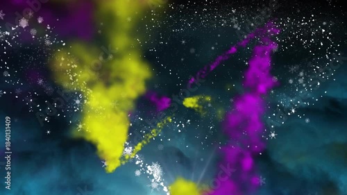 Magenta yellow plumes entering offscreen, colliding and dissolving into flakes forming nebula snow