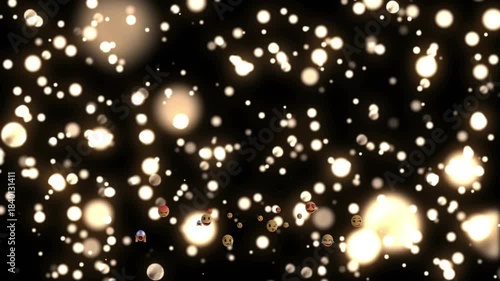 Initial pulse starting bokeh lights pulsing flaring while emoji band drifting rotating adding depth