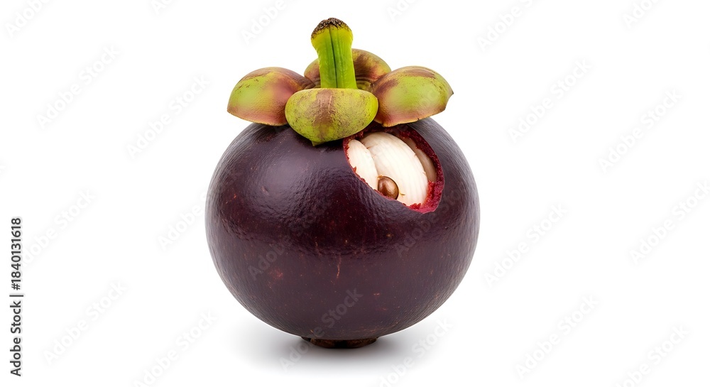 Obraz premium Fresh exotic mangosteen fruit with cut revealing white flesh isolated on white background
