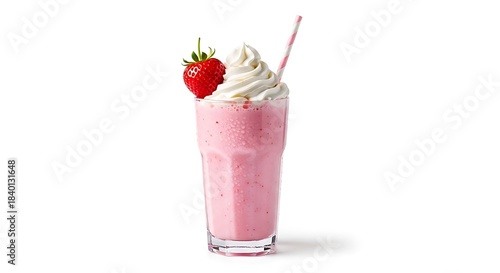 Strawberry milkshake with whipped cream and fresh fruit dessert isolated on white background
