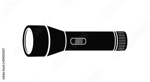 A detailed illustration of a modern flashlight design presented as a striking black silhouette