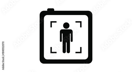 A simple black and white icon depicting a person framed within a square a striking silhouette