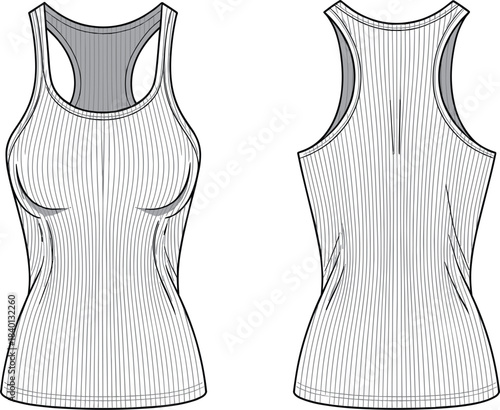 Technical flat drawing of women's fitted ribbed tank top, racerback vest apparel vector template, athletic wear fashion sketch mockup illustration