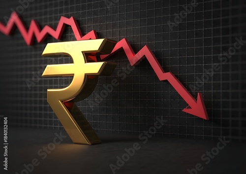 Golden indian rupee symbol declining sharply downward with red arrow indicating financial crisis and economic downturn