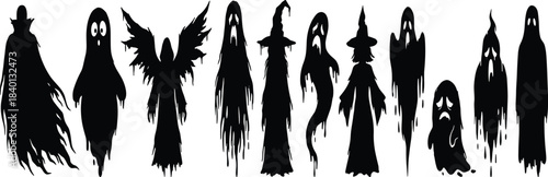 Ghost silhouettes, spooky spirits, Halloween icons, eerie figures, haunted shapes, supernatural beings, creepy shadows, fantasy ghosts, horror elements, mystical apparitions