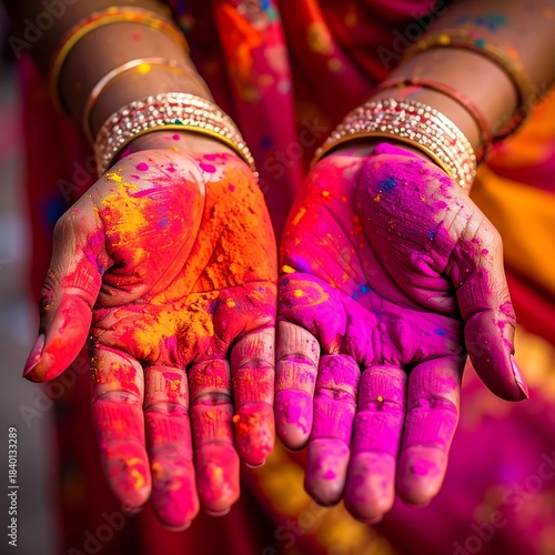 Hands, adorned with bracelets, offering colorful powders during a festive celebration, showcasing vibrant hues and cultural tradition